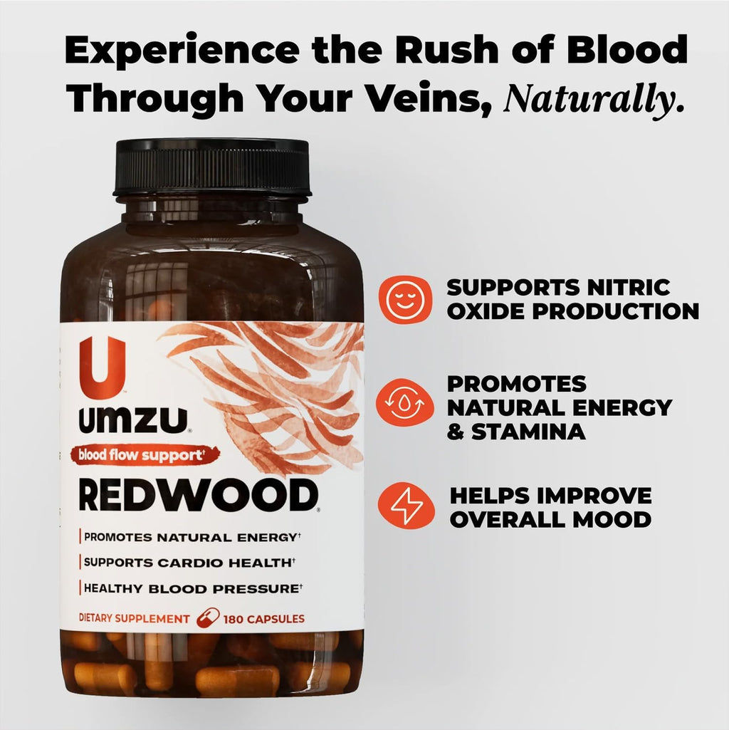 UMZU Redwood Blood Flow Nitric Oxide Supplement for Men & Women, Blood Pressure, Circulation, Stamina, Energy (30 Day Supply | 180 Capsules)