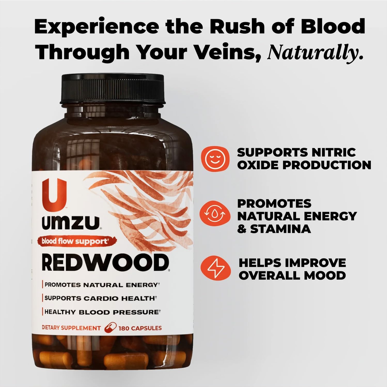 UMZU Redwood Blood Flow Nitric Oxide Supplement for Men & Women, Blood Pressure, Circulation, Stamina, Energy (30 Day Supply | 180 Capsules)