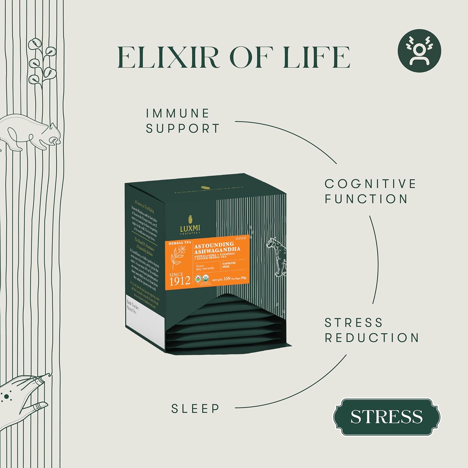 Luxmi Estates Astounding Ashwagandha Root Tea, 15 Tea Bags (30g) Pack of 6, Certified USDA Organic Herbal Eco-Conscious Tea Bags, with Turmeric, Ginger, Lemongrass & More, for Sleep, Relaxing, and Stress Relief