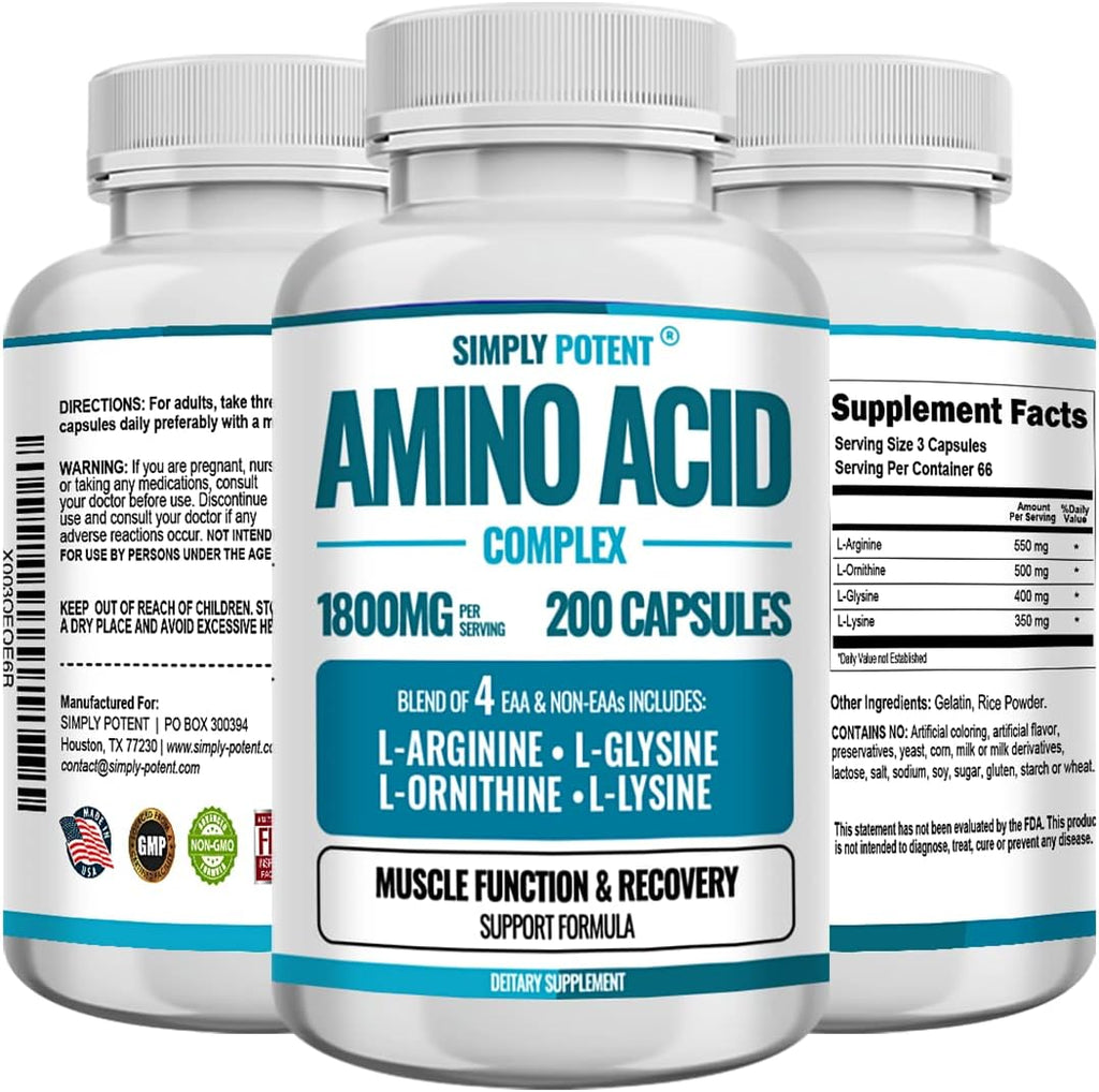 Simply Potent Amino Acid Complex 1800mg 200 Capsules, Blend of 4 Essential and Non Essential Amino Acids, Includes L-Arginine 550mg, L-Ornithine 500mg, L-Glysine 400mg & L-Lysine 350mg for Muscle