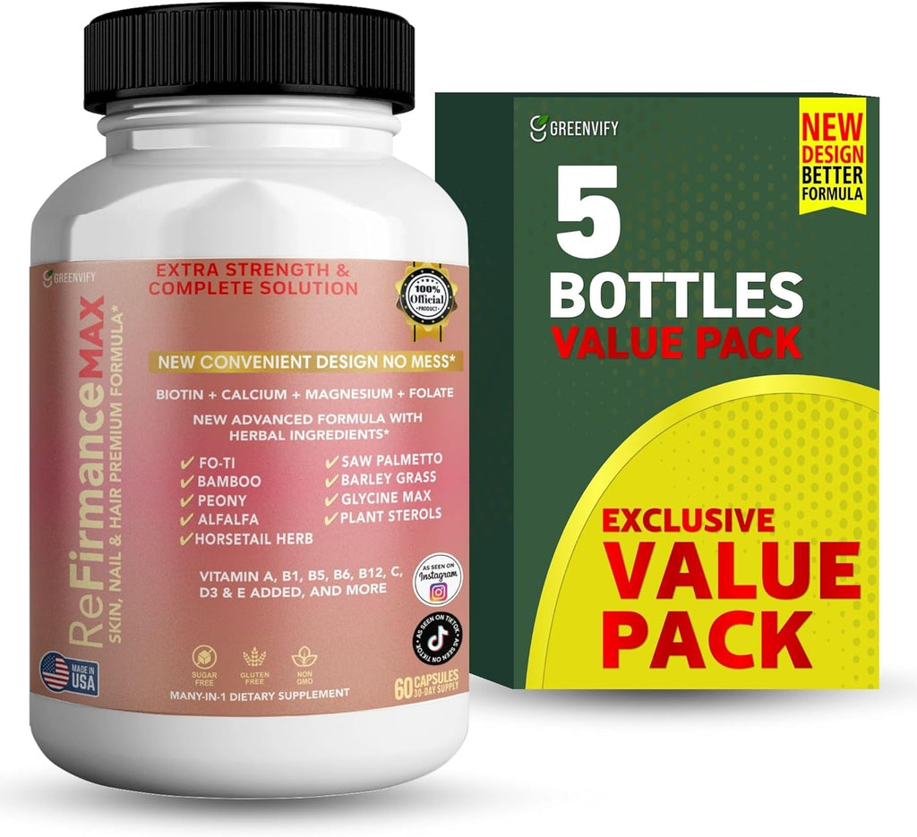 ReFirmanceMax Hair Growth Supplement, 60 Capsules, with Biotin 5000mcg, Vitamins B12, Calcium, Saw Palmetto, 30 Day Supply (5)