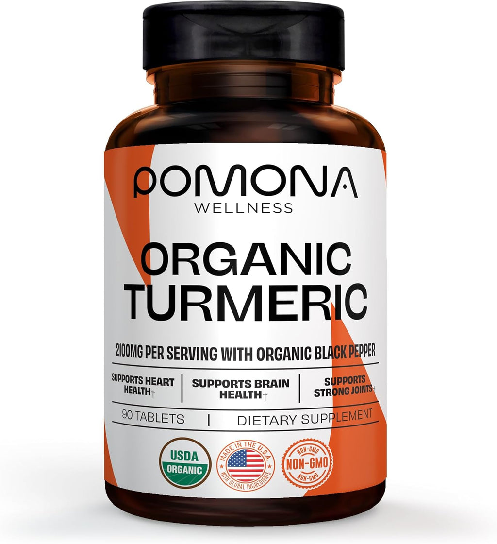 Pomona Wellness Organic Turmeric Supplement 2100 mg, USDA Organic, Non-GMO, Vegan, Turmeric Curcumin with Black Pepper for Absorption, for Joint Support and Immunity, 90 Tablets