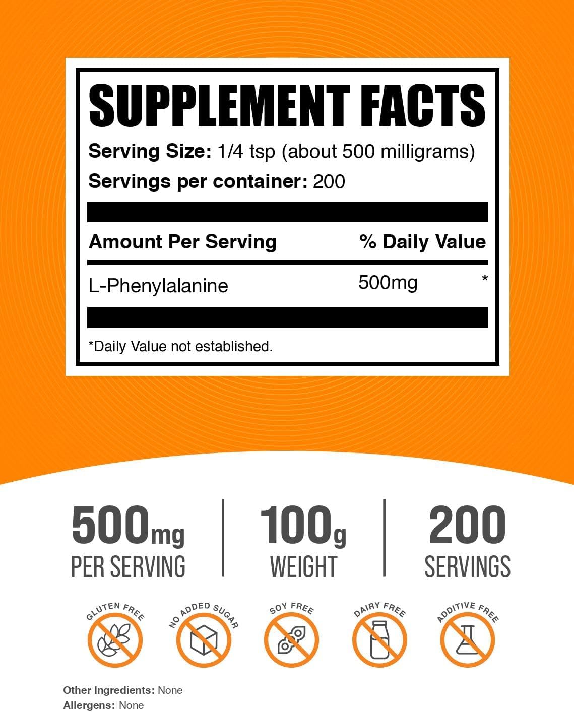 BulkSupplements.com L-Phenylalanine Powder - Phenylalanine Supplement, L-Phenylalanine 500mg - Amino Acids Supplement, Gluten Free, 500mg per Serving, 100g (3.5 oz) (Pack of 1)