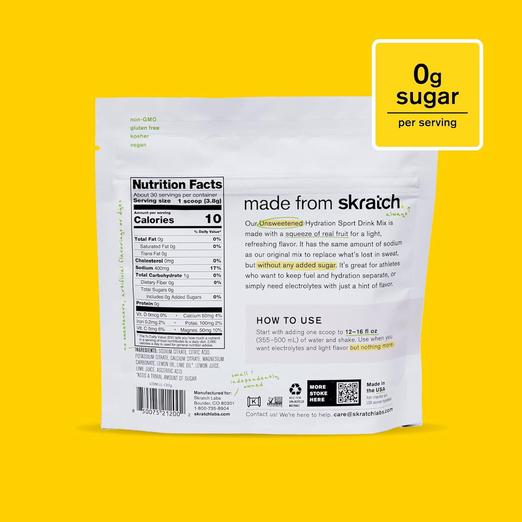 Skratch Labs Unsweetened Hydration Sport Drink Mix | Sugar Free | Electrolytes Booster | Lemon + Lime - 30 Servings | Non-GMO, Vegan, Kosher, Keto, Paleo