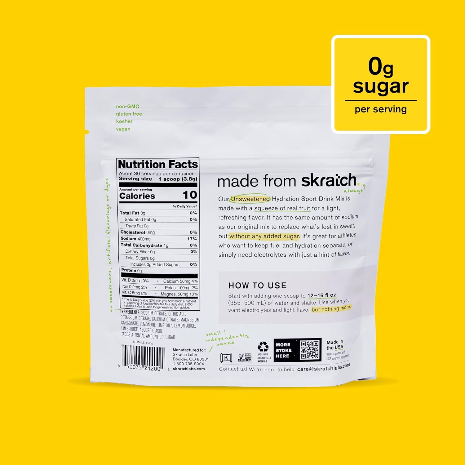 Skratch Labs Unsweetened Hydration Sport Drink Mix | Sugar Free | Electrolytes Booster | Lemon + Lime - 30 Servings | Non-GMO, Vegan, Kosher, Keto, Paleo