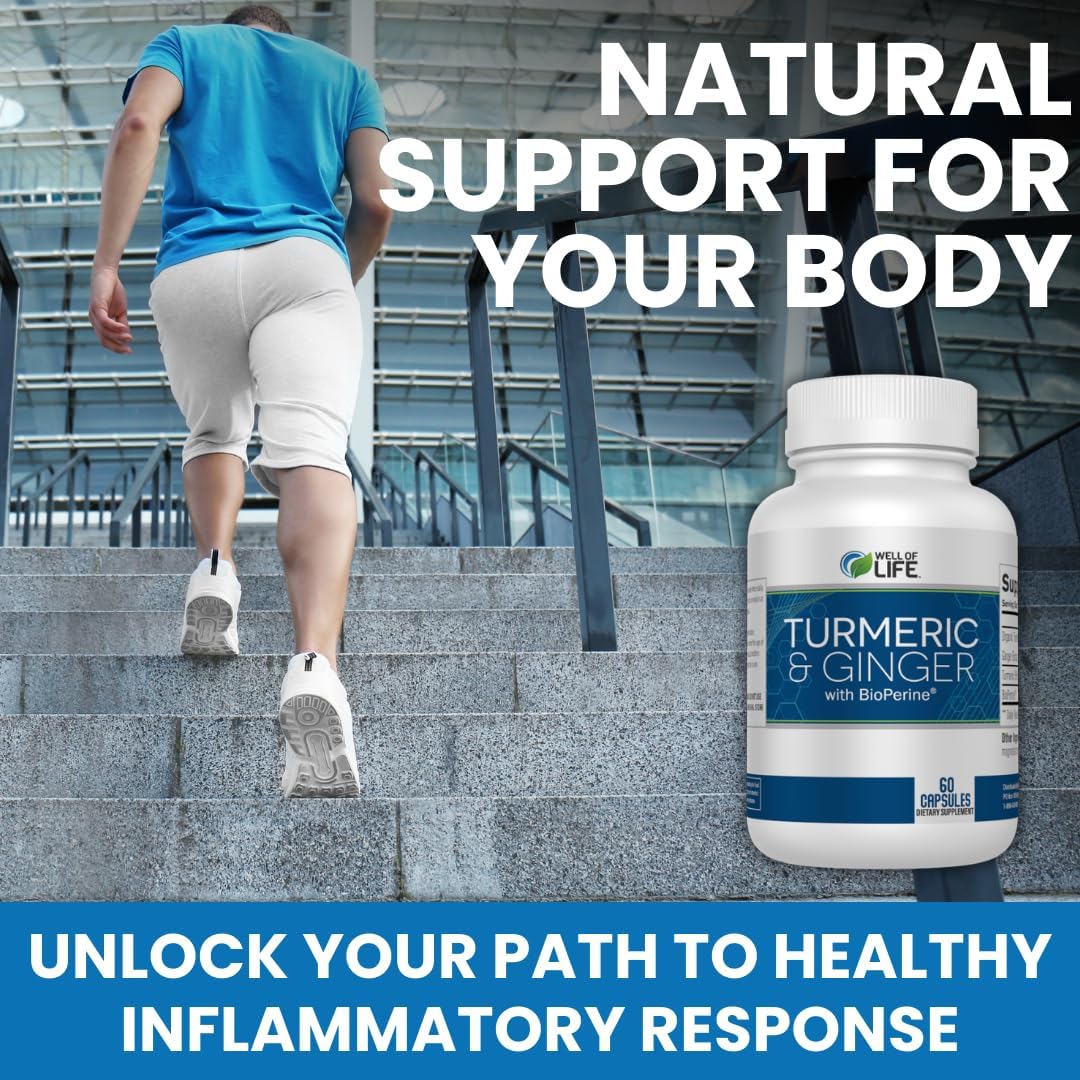 Well of Life: Turmeric & Ginger with BioPerine®: Joint Support - 655mg | 60 Veg Capsules. Helps Immune Function, Digestive Health, and Overall Wellness. Made in USA.