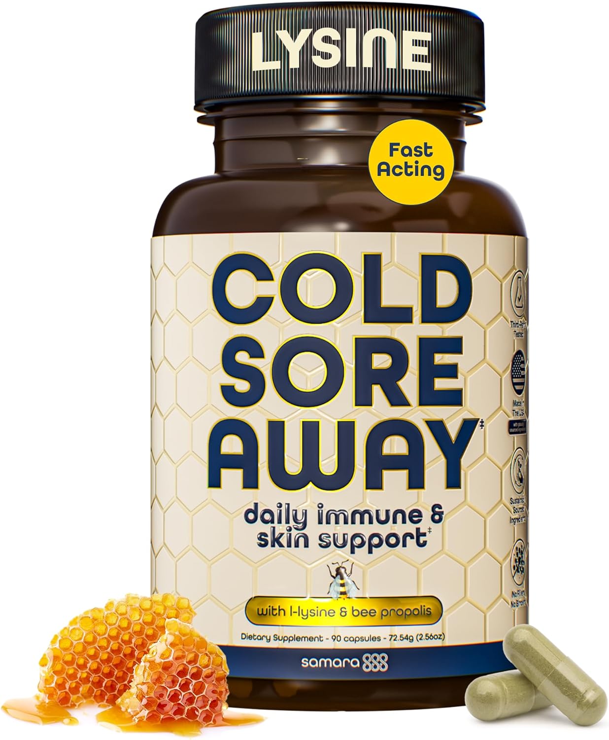 L Lysine Cold Sore Treatment Support, Herbal Cold Sore Supplement w/Zinc Picolinate, Olive Leaf Extract, Beta Glucan, & Bee Propolis for Skin & Lip Health, 90 Capsules
