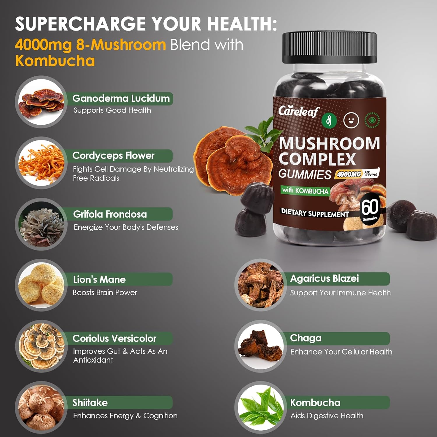 9 in 1 Mushroom Gummies with Lion's Mane for Focus Supplement and Energy Supplements to Support Immune System De-Stress Boost Mood & Energy 60 Count Kombucha Flavor