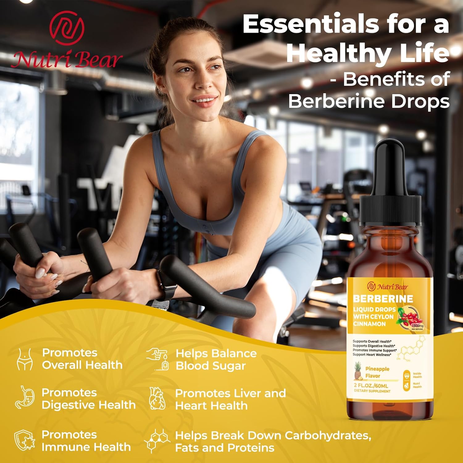 Berberine Supplement with Ceylon Cinnamon, Berberine HCL Liquid Drops with Turmeric, Bitter Melon, Quercetin, 10X Strength AMPK for Digestion System, Immune Health Support -Vegetarian, 2 fl oz