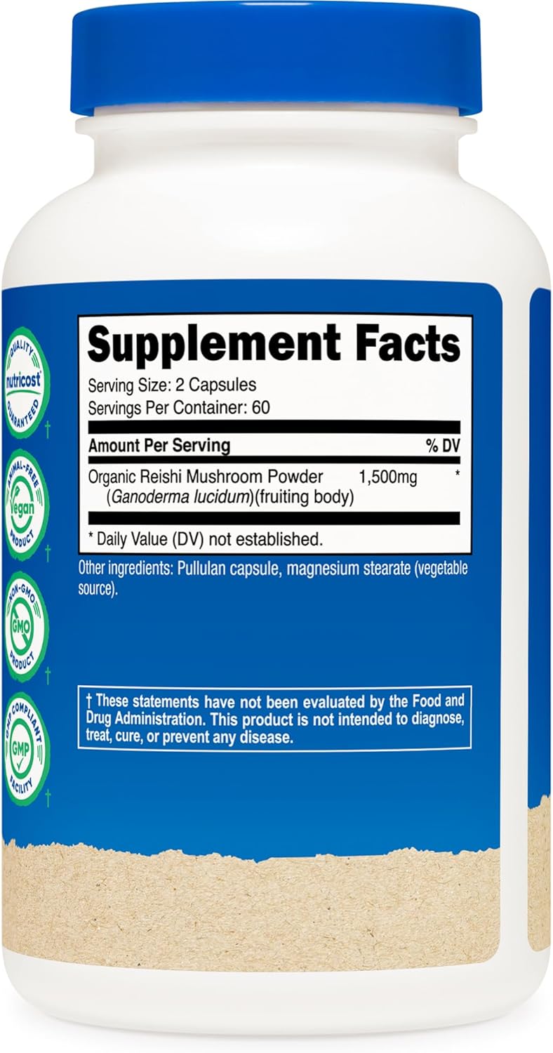 Nutricost Reishi Mushroom Capsules 1500mg, 60 Servings - CCOF Certified Made with Organic Reishi Mushroom, Vegetarian, Gluten Free, 750mg Per Capsule, 120 Capsules