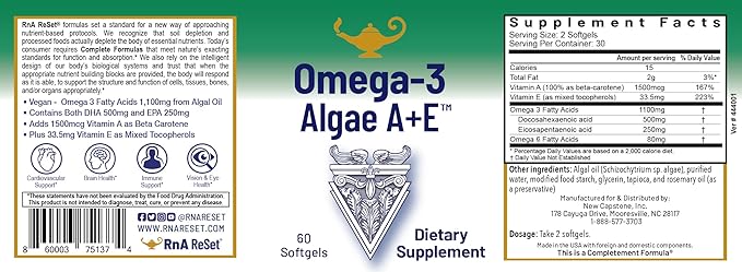 RnA ReSet Omega-3 Algae A+E – Plant-Based DHA & EPA with Vitamins A and E, Fish Oil Alternative (60 Softgels) NSF Certifed