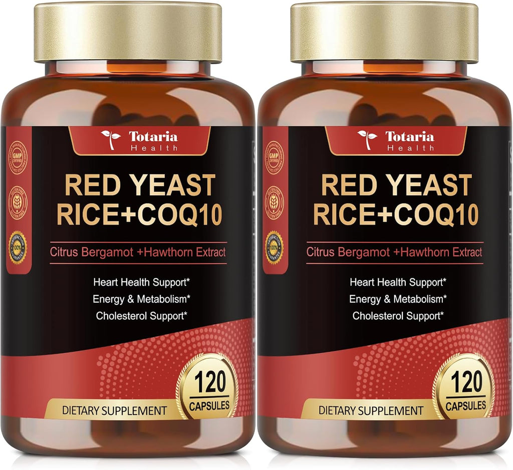 (2 Packs) Red Yeast Rice with CoQ10 Supplement - Citrinin-Free Red Yeast Rice 2,000 mg Capsules with CoQ10 100mg Plus Citrus Bergamot - Niacin-Free, Cholesterol & Energy Supplement 3rd-Party Tested