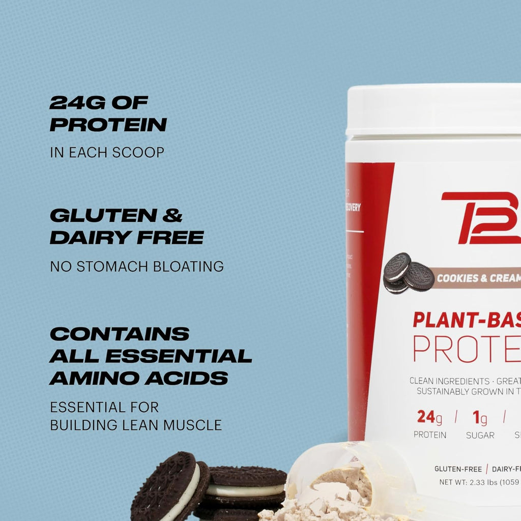 TB12 Plant Based Protein Powder by Tom Brady, 24g of Vegan Pea Protein, Low Sugar, Low Carb, Non-GMO, Meal Replacement, Keto Friendly, Paleo, Sugar Free, Cookies and Cream Flavor (30 Servings)