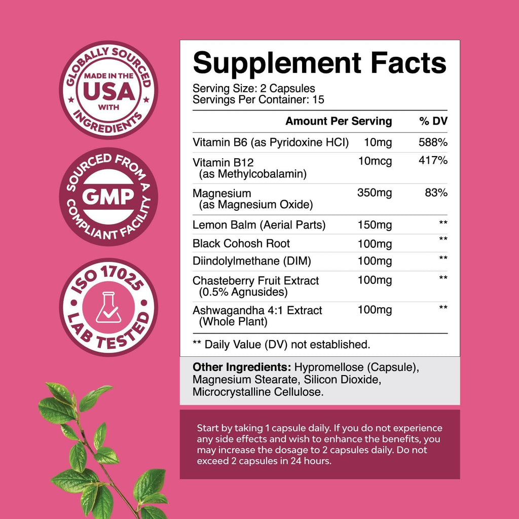 PMS Support Supplement for Women – Hormone Balance for Women & Menstrual Ease with DIM, Chasteberry, Black Cohosh & Ashwagandha - for Period Cramps Ease, Menopause Bloating, Mood Swing – 30 Ct