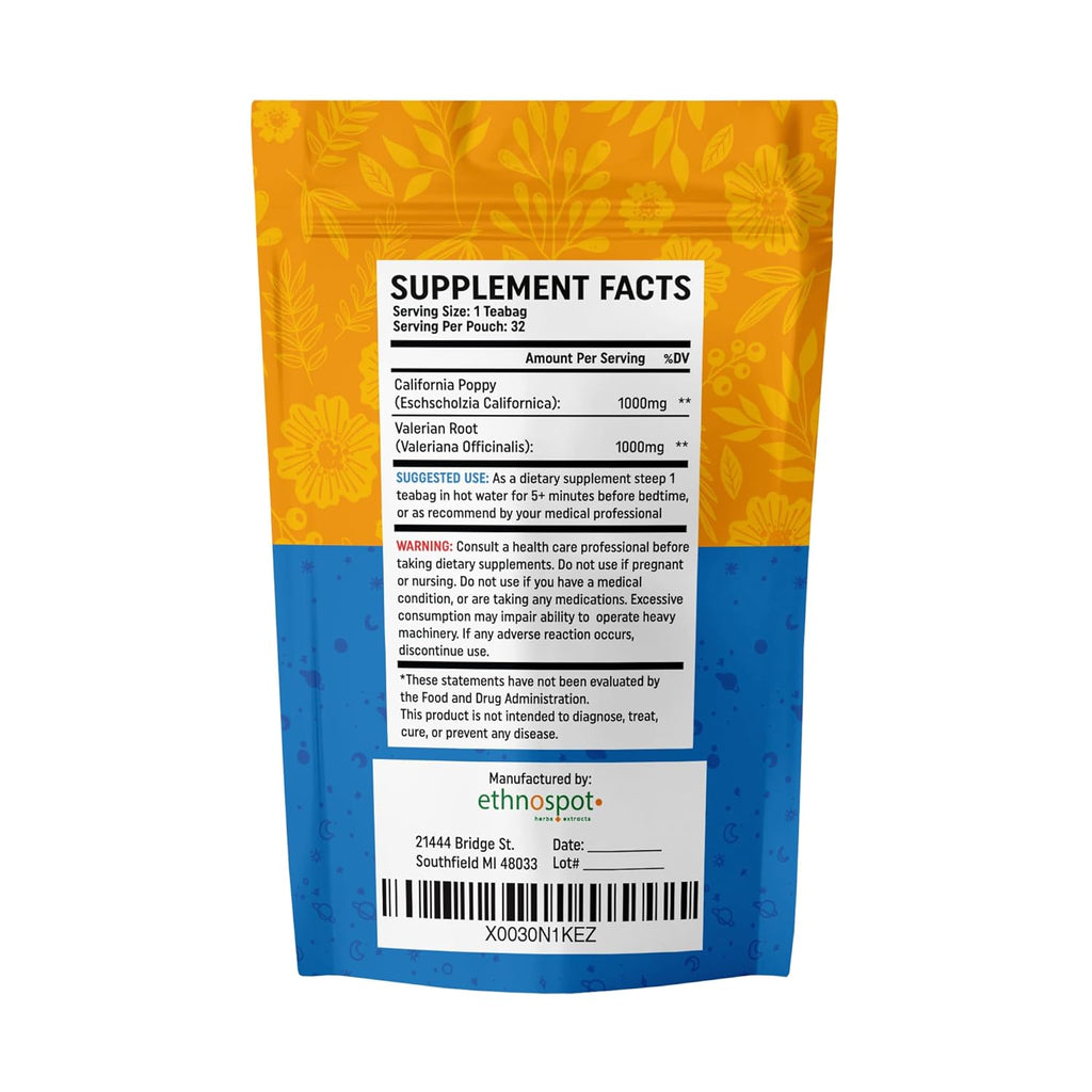 CaliPM Teabags - Natural Sleep Tea with California Poppy & Valerian Root, Herbal Tea for Relaxation & Discomfort Relief, Unsweetened & Vegan, Melatonin-Free, 100% Natural Ingredients - 2 Gram Teabags - 32 Teabags