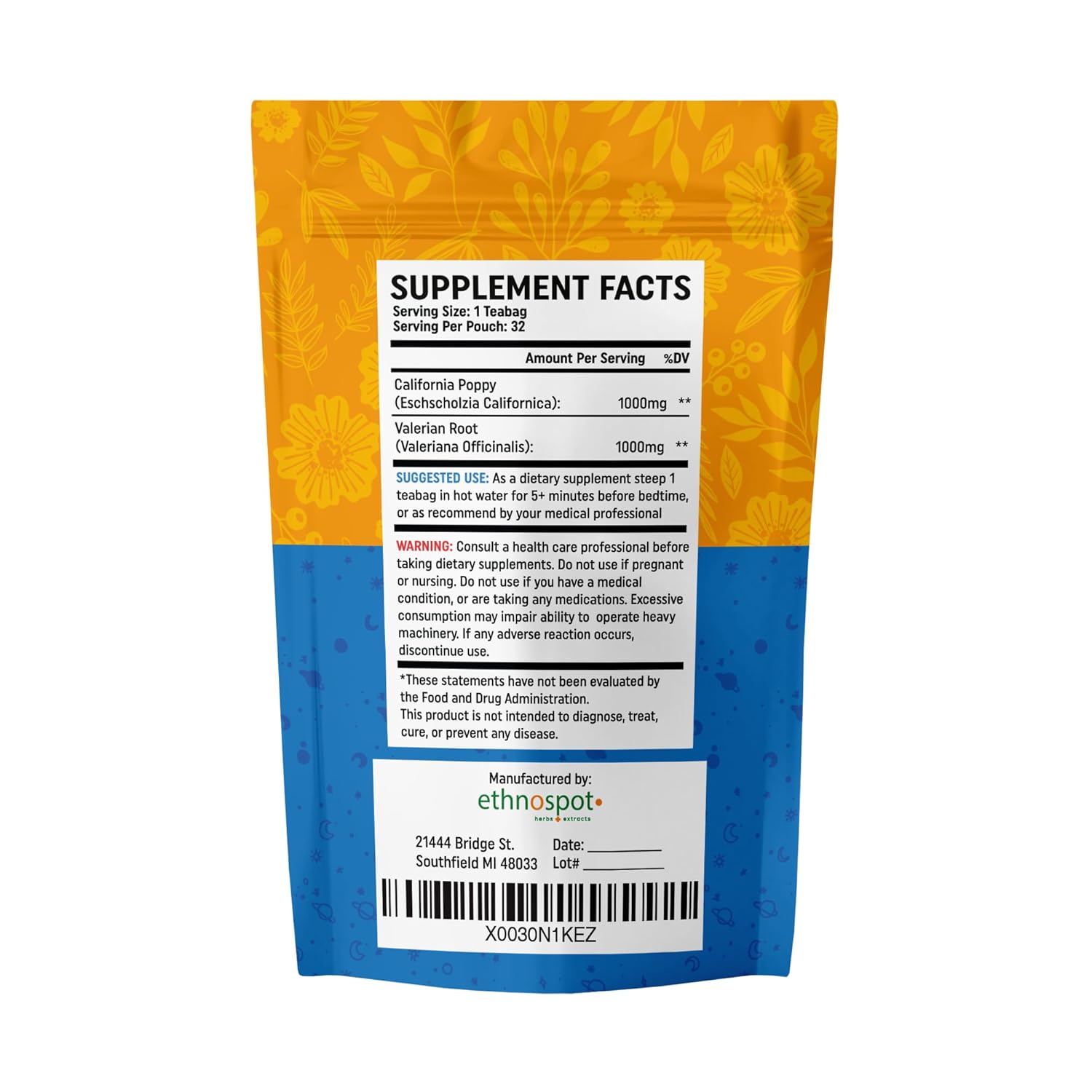 CaliPM Teabags - Natural Sleep Tea with California Poppy & Valerian Root, Herbal Tea for Relaxation & Discomfort Relief, Unsweetened & Vegan, Melatonin-Free, 100% Natural Ingredients - 2 Gram Teabags - 32 Teabags