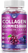Nature's live Multi Collagen Peptides Gummies, Type I, II, III, V, X - Hydrolyzed Collagen Peptides Gummies, Supports Healthy Skin, Strong Nails & Thick Hair, Grape Blueberry Flavor, 60 Count