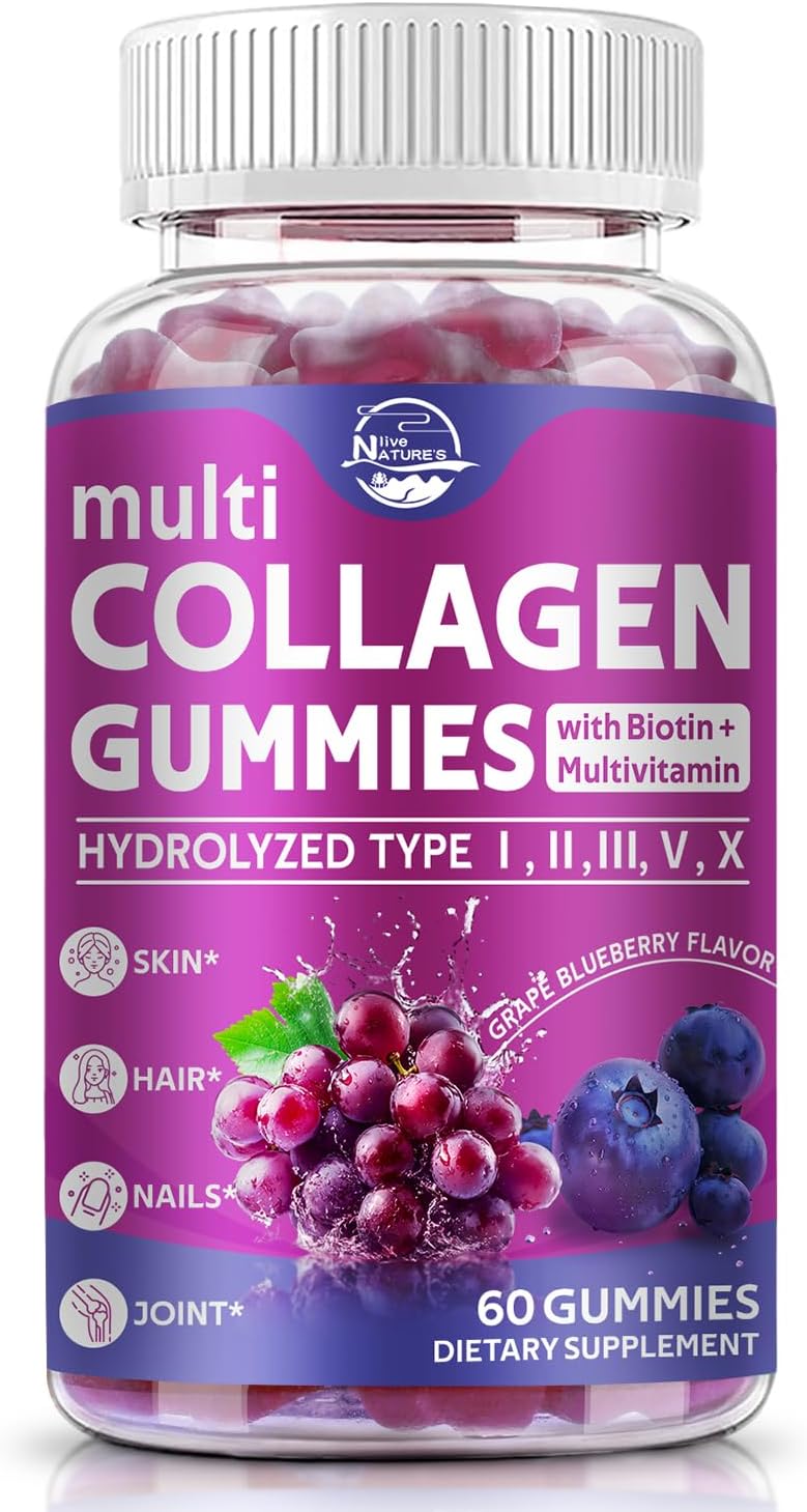 Nature's live Multi Collagen Peptides Gummies, Type I, II, III, V, X - Hydrolyzed Collagen Peptides Gummies, Supports Healthy Skin, Strong Nails & Thick Hair, Grape Blueberry Flavor, 60 Count