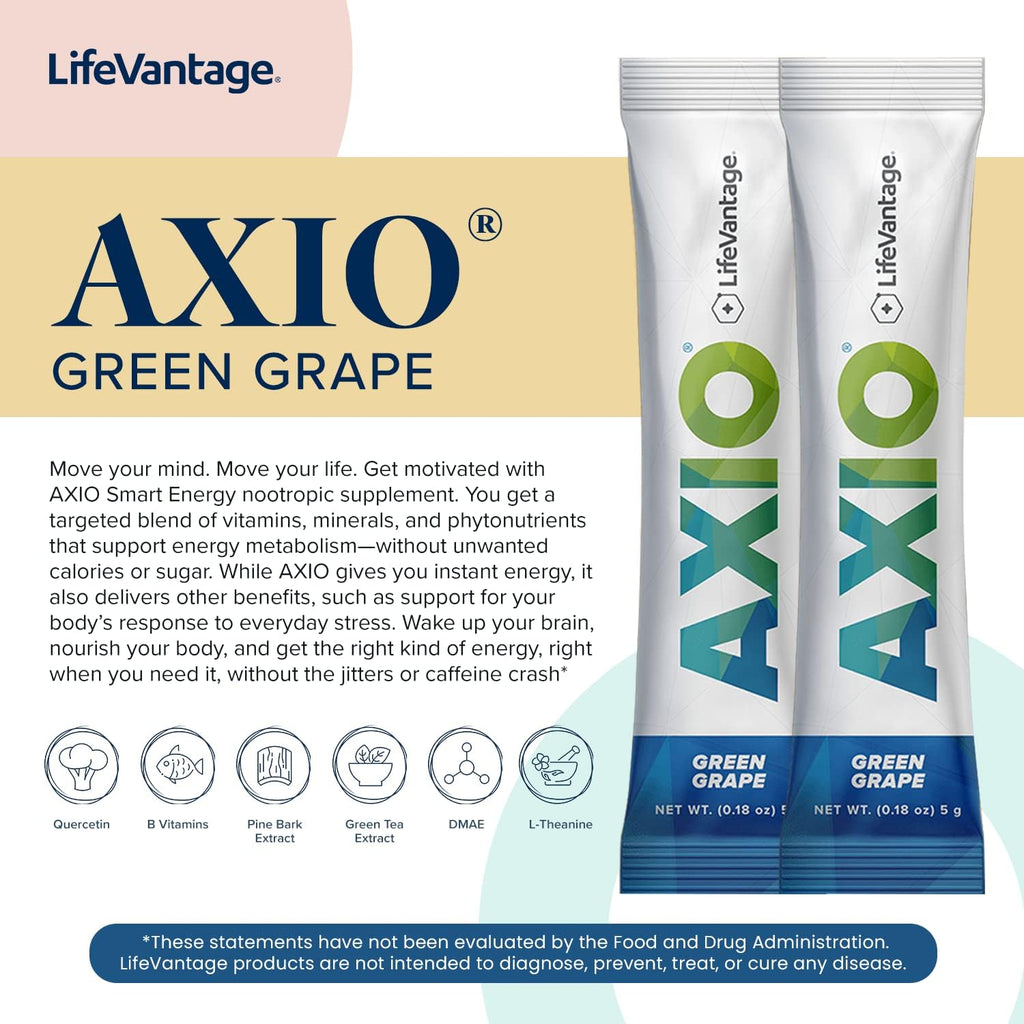 LifeVantage AXIO Regular Energy Drink Powder, Nootropic Supplement, Focus & Mood Support, with L-theanine, Green Tea, B Vitamins, DMAE, Quercetin & Pine Bark, Green Grape, 30 Packets