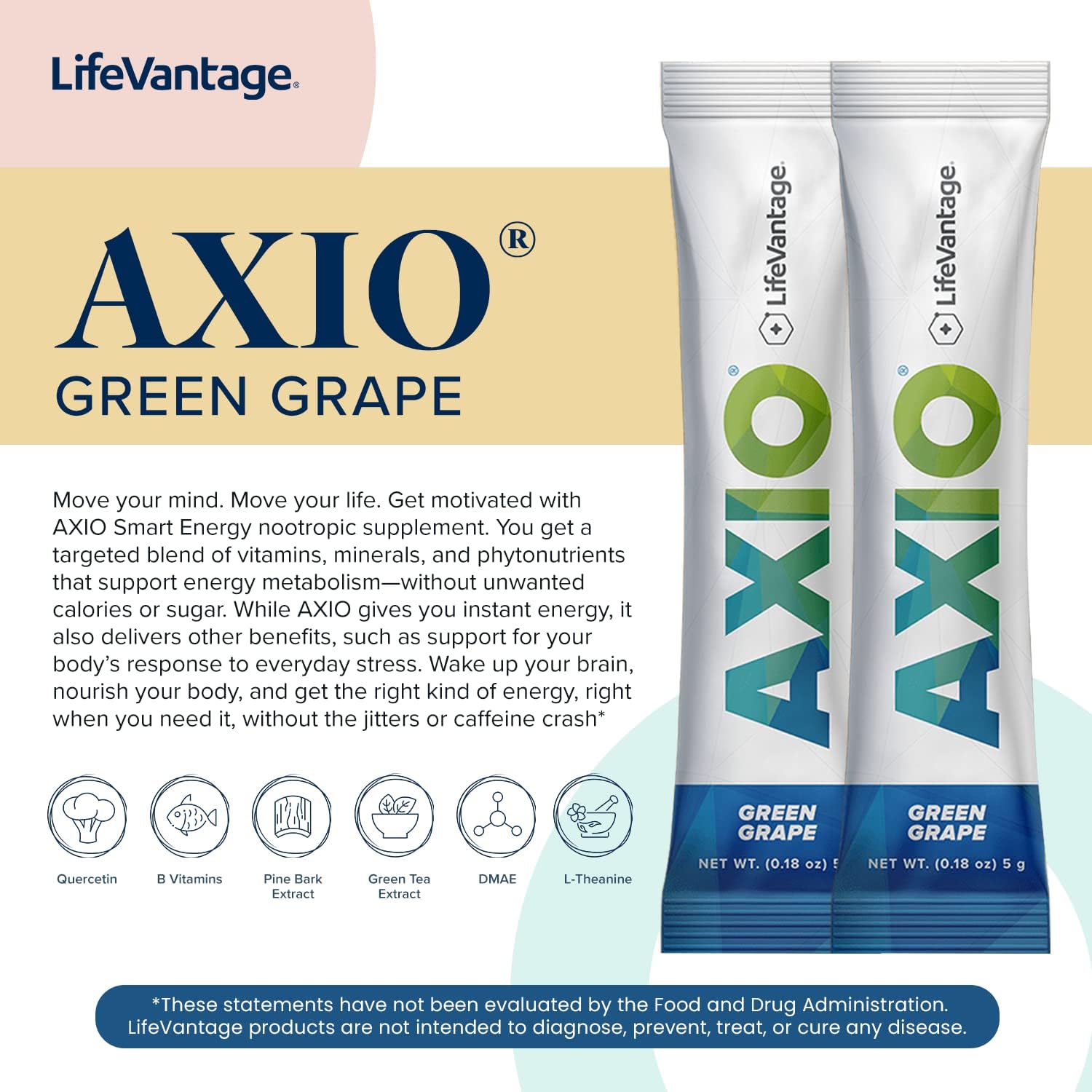 LifeVantage AXIO Regular Energy Drink Powder, Nootropic Supplement, Focus & Mood Support, with L-theanine, Green Tea, B Vitamins, DMAE, Quercetin & Pine Bark, Green Grape, 30 Packets