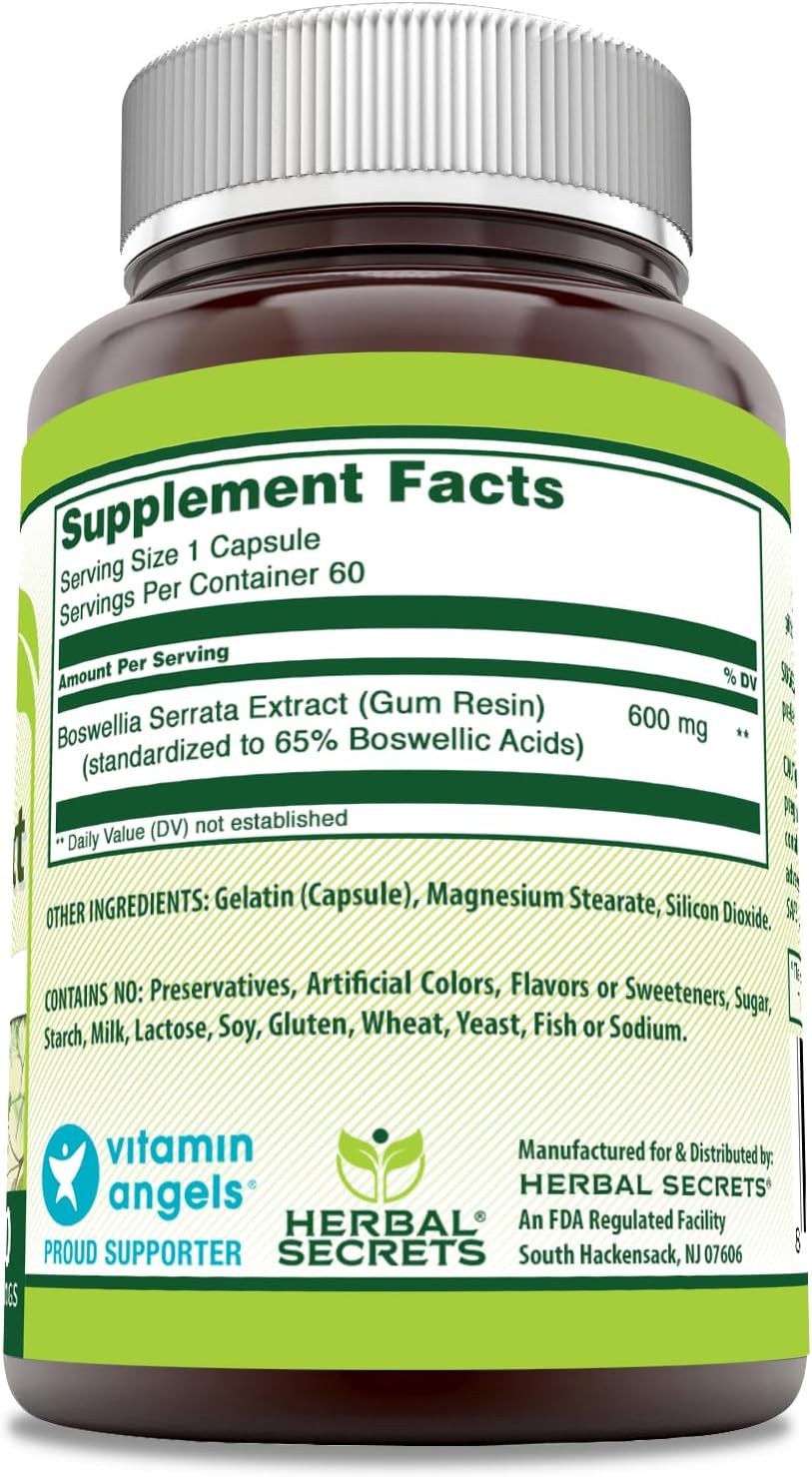 Herbal Secrets Boswellia Serrata Extract Supplement | 65% Boswellic Acids | 600 Mg Per Serving | 60 Capsules | Non-GMO | Gluten-Free | Made in USA