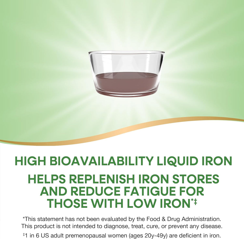Nature's Way Liquid Iron, 100% Daily Value, 18 mg Iron as Ferric Glycinate per Serving, No Sugar Added, Berry Flavored, 16 Fl Oz (Packaging May Vary)