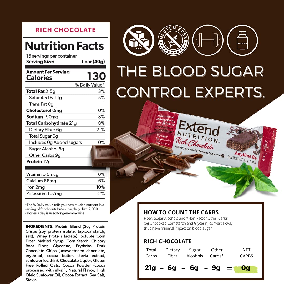 Extend Nutrition Sugar Free High Protein Bars, Perfect Sugar Free Snacks for Diabetes, Protein Bars for Hunger Control & Steady Energy, Low Carb, Keto, Intermittent Fasting, Rich Chocolate, 12 Count
