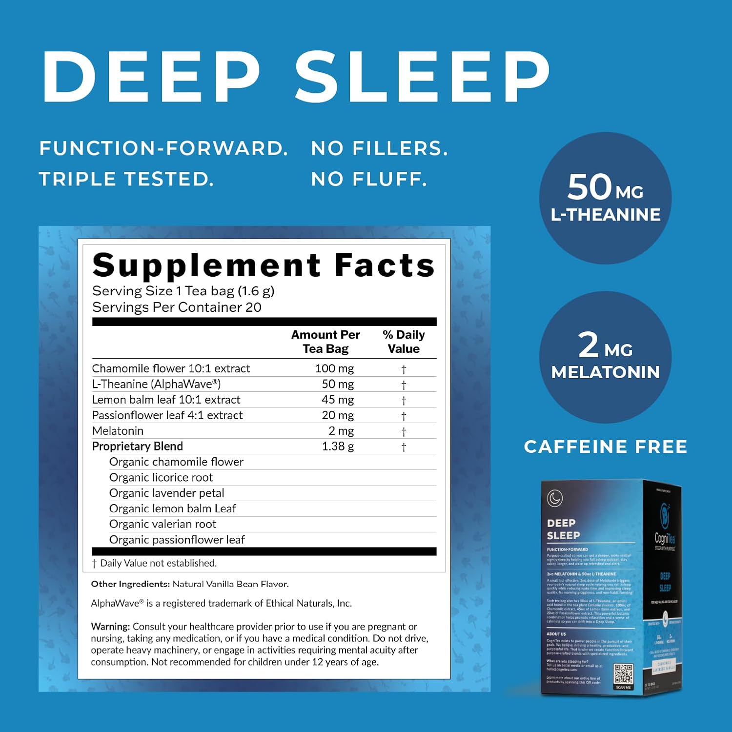 CogniTea Deep Sleep Tea with Melatonin, L-Theanine, Valerian, Chamomile, Lemon Balm and Passionflower for Night Time Rest
