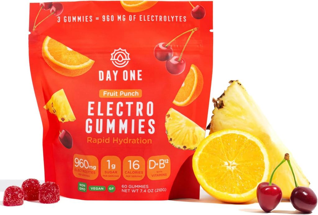 Day One Electrogummies - 60pcs. of Fruit Punch Flavored Electrolyte Gummies for Hydration and Recovery - Packed with Essential Electrolytes Ideal for Workouts, Running, Hiking and More