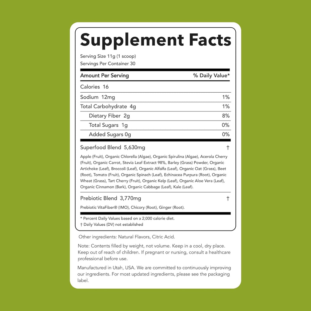 Clean Simple Eats Super Greens Powder, Naturally Flavored Greens Powder with Chlorella, Spirulina, Superfoods & Prebiotic Fiber, No Artificial Ingredients, Gluten Free, Green Apple Flavor, 30 Servings