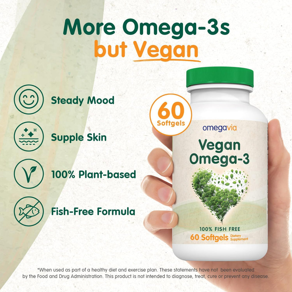 OmegaVia Vegan Omega 3 Supplement, Algae Omega 3 Fish Oil Alternative, 300mg Vegan DHA Fatty Acids, Plant Based, Planet and Ocean Friendly, IAOS 5 Star Tested, 60 Softgels