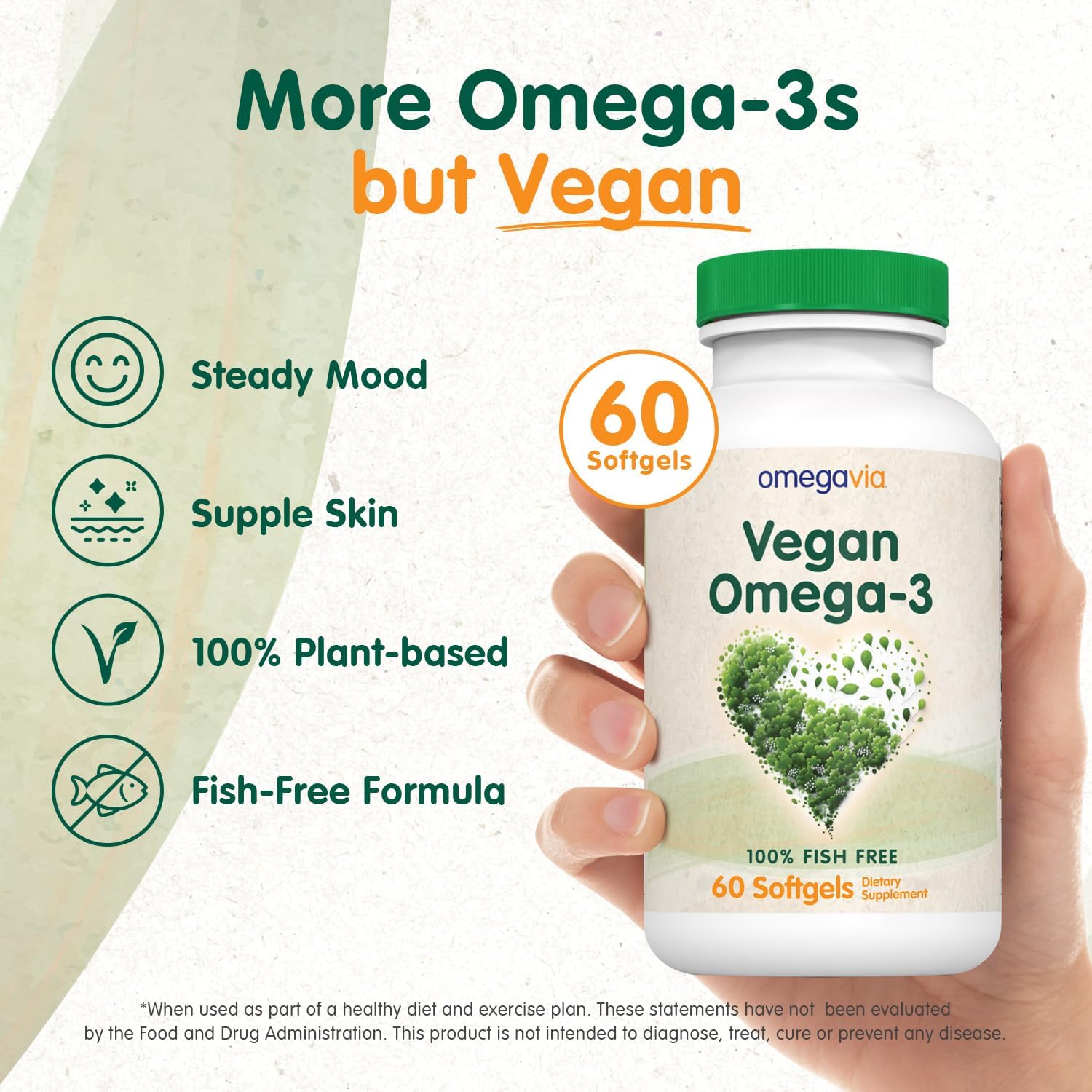 OmegaVia Vegan Omega 3 Supplement, Algae Omega 3 Fish Oil Alternative, 300mg Vegan DHA Fatty Acids, Plant Based, Planet and Ocean Friendly, IAOS 5 Star Tested, 60 Softgels