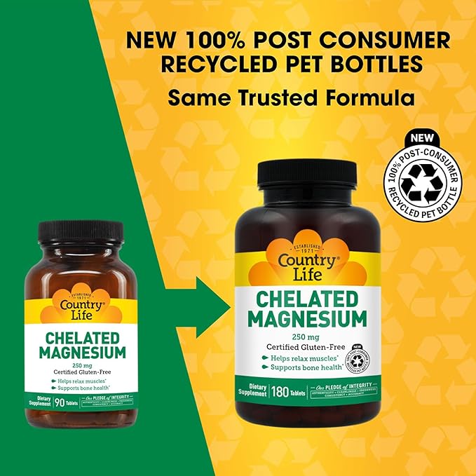 Country Life Chelated Magnesium 250mg - Supports Heart, Bone & Muscle Health, Vegan-Friendly Magnesium Supplement with Magnesium Oxide and Amino Acid Chelate, Gluten-Free