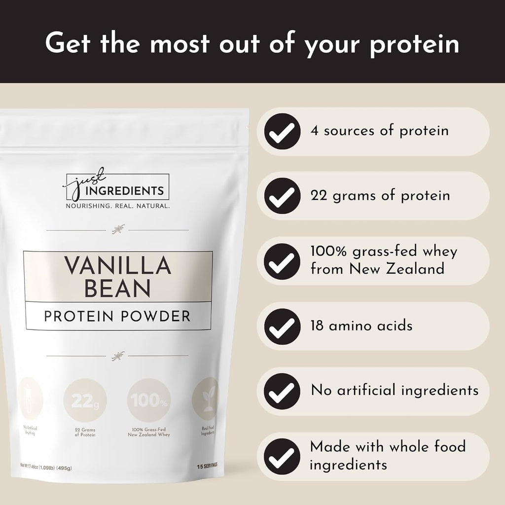 JUST INGREDIENTS Protein Powder | Vanilla Protein Powder Made with 100% Grass Fed, Non Denatured Whey | Four Different Protein Sources from Organic Whole Food Ingredients | 15 Servings | 22g Protein