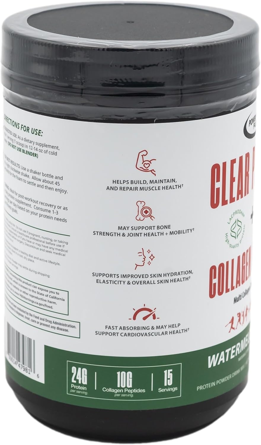 Clear Protein & Collagen Peptides Protein Powder Drink Mix - Naturally Sweetened & Flavored, Gluten Free, Lactose Free - Protein + Marine Collagen - 15 Servings (Watermelon Lime)