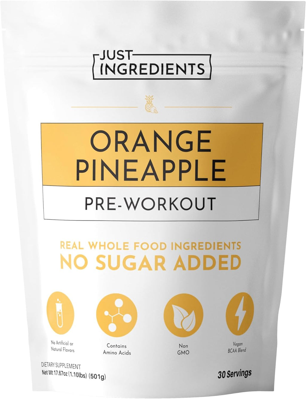 JUST INGREDIENTS Pre-Workout – Orange Pineapple| 30 Servings, BCAA Blend, Beta Alanine, Citrulline Malate, Ginseng, Maca Root, Taurine| Supports Energy, Focus & Endurance