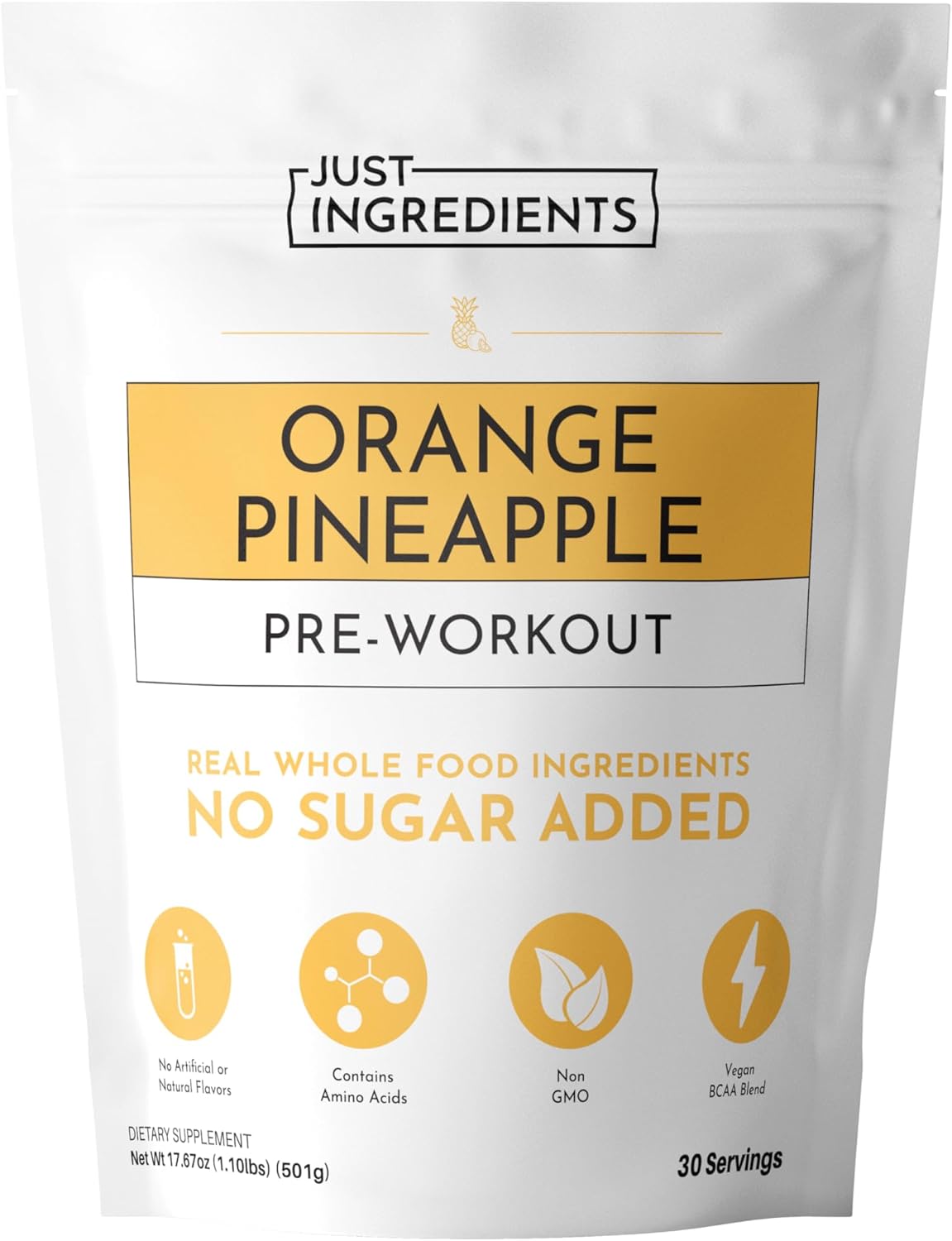 JUST INGREDIENTS Pre-Workout – Orange Pineapple| 30 Servings, BCAA Blend, Beta Alanine, Citrulline Malate, Ginseng, Maca Root, Taurine| Supports Energy, Focus & Endurance