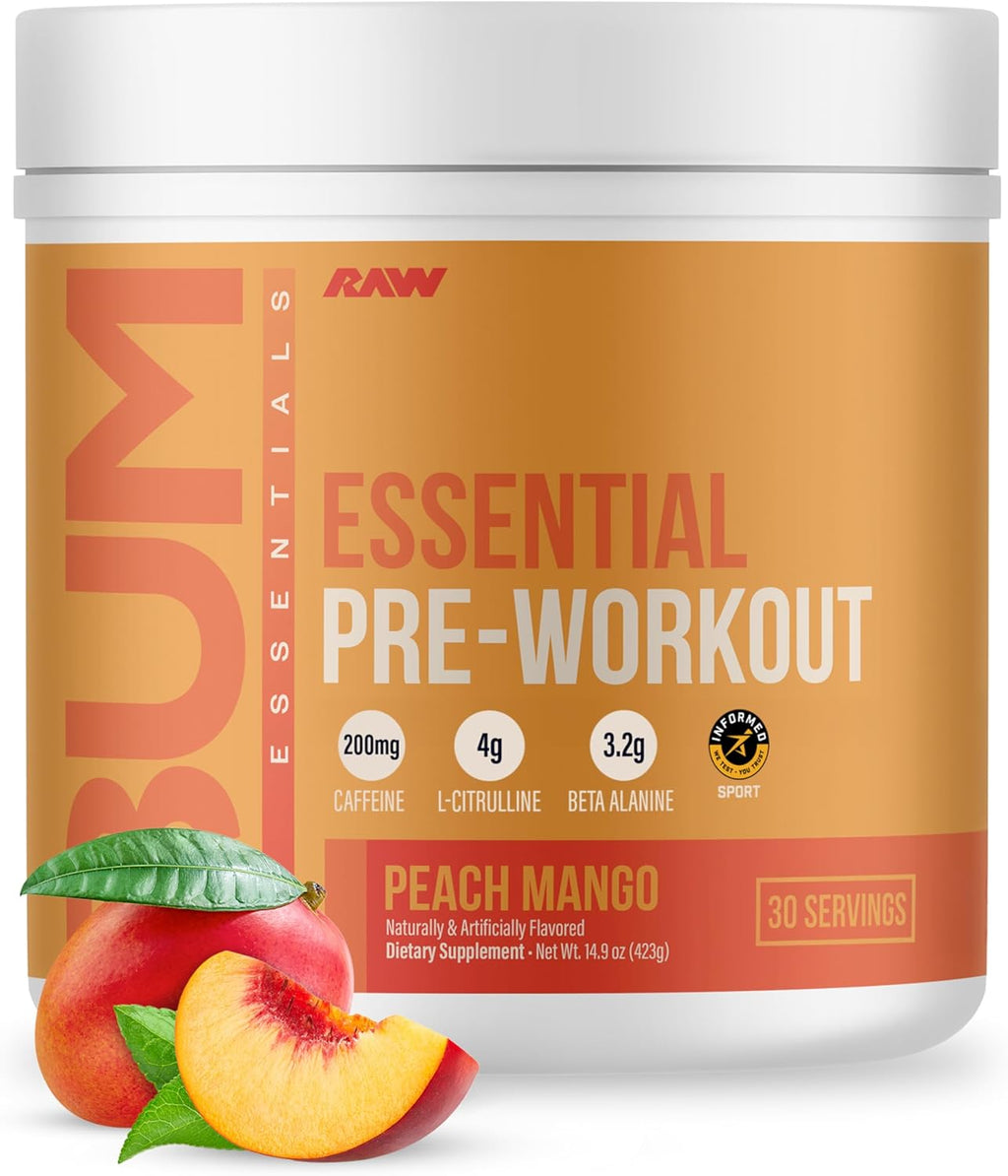 RAW Nutrition - Essential Pre - Chris Bumstead Pre Workout Formula, Sports Nutrition Pre-Workout Powders | Men & Womens Drink, Energy Powder for Working Out (Peach Mango)