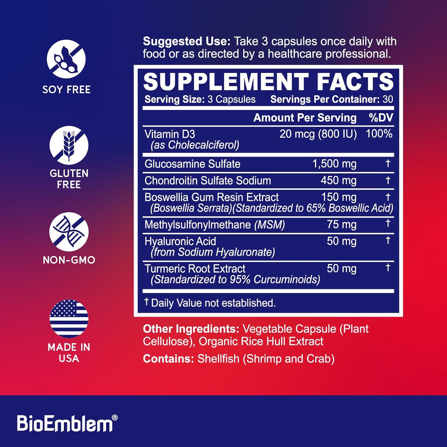 BioEmblem Joint Support - Glucosamine Chondroitin + MSM 1500 MG - with Boswellia, Turmeric & Hyaluronic Acid - Joint Health Supplement, Mobility, Flexibility, Cartilage - Non-GMO - 90 Caps