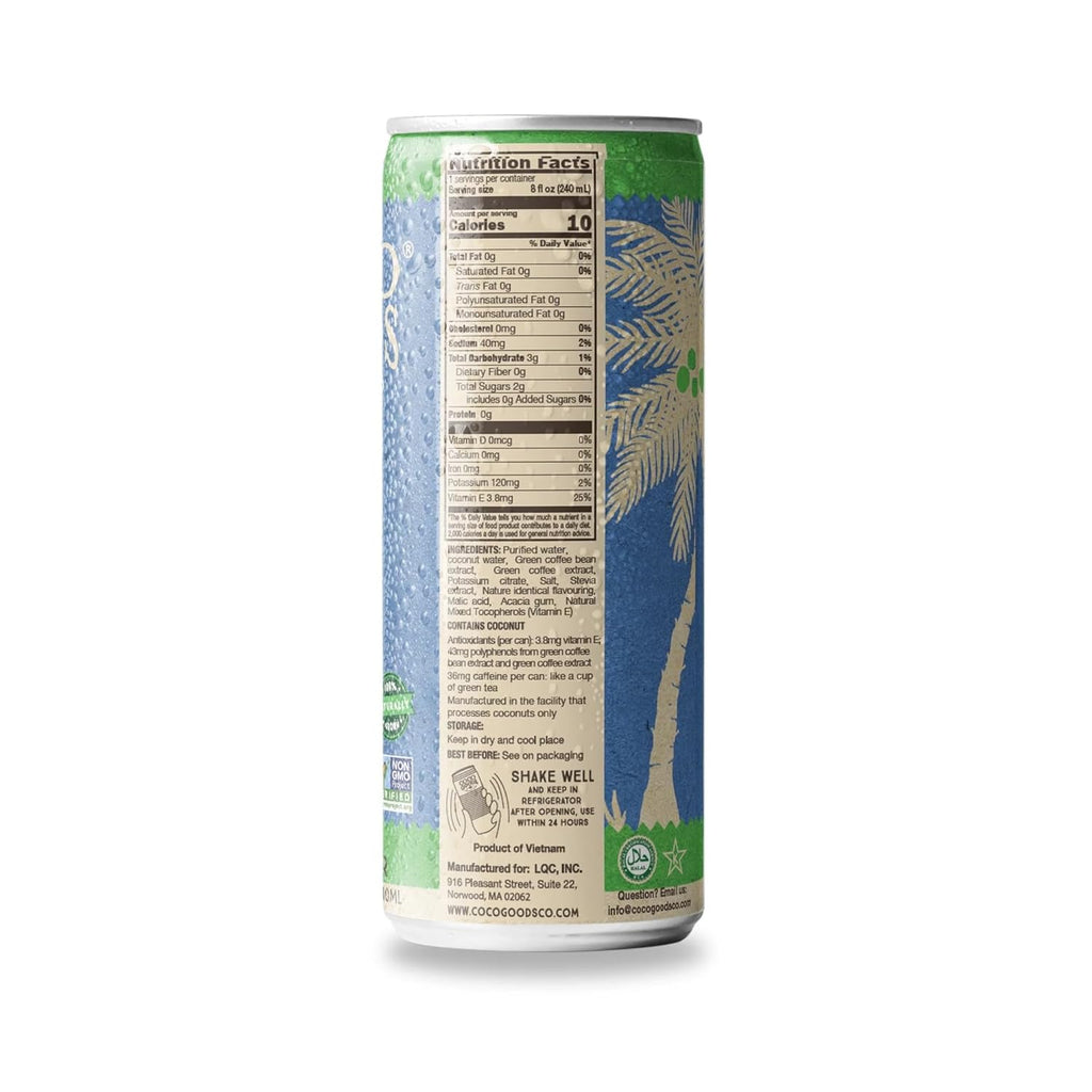 CocoGoodsCo Antioxidant Drink with Coconut Water, Lime – 35mg Natural Caffeine, 0g Sugar, Naturally Sweetened, 10 Calories, with Green Coffee & Vitamin E – 8.11 fl oz Cans (12 Pack)