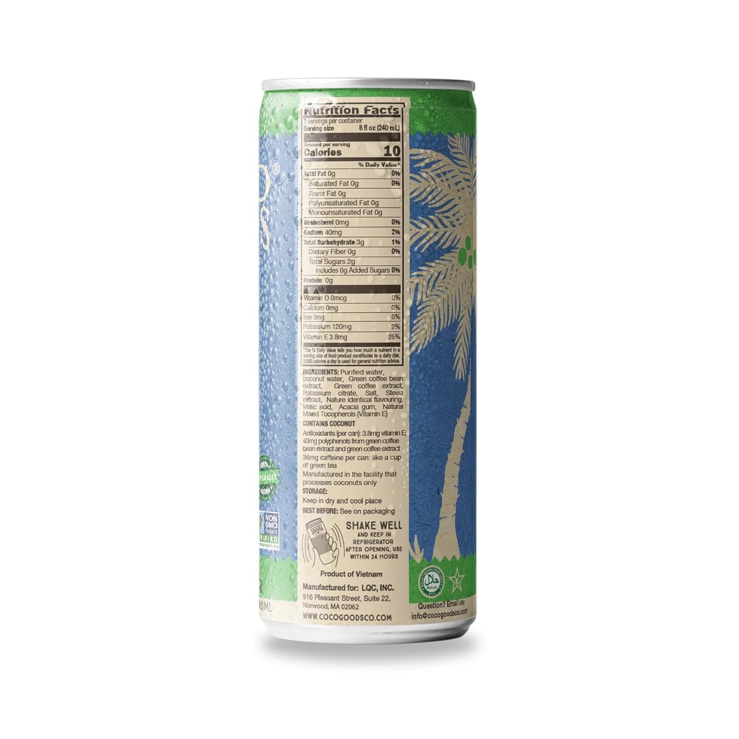 CocoGoodsCo Antioxidant Drink with Coconut Water, Lime – 35mg Natural Caffeine, 0g Sugar, Naturally Sweetened, 10 Calories, with Green Coffee & Vitamin E – 8.11 fl oz Cans (12 Pack)