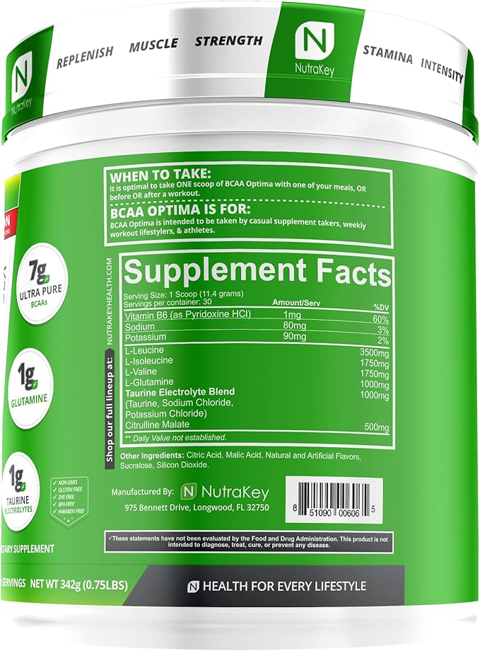 NutraKey BCAA Optima Post Workout Recovery Complex, No Sugar, No Carb, Recovery Aid, Strawberry Watermelon