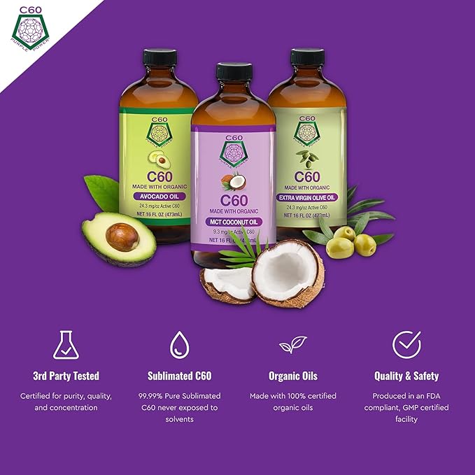 C60 Power C60 in Organic Avocado Oil - Natural Wellness & Antioxidant Support for Men & Women, 99.99% Pure Carbon Fullerenes, Promotes Energy, Mental Clarity, & Stamina - 2 fl oz Bottle