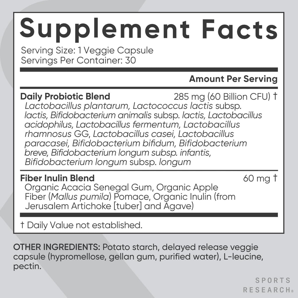 Sports Research Daily Probiotics with Prebiotics, 60 Billion CFU - Vegan Capsules for Gut Health & Digestive Support, Probiotics for Women & Men - Non-GMO Verified & Gluten Free - 30 Count