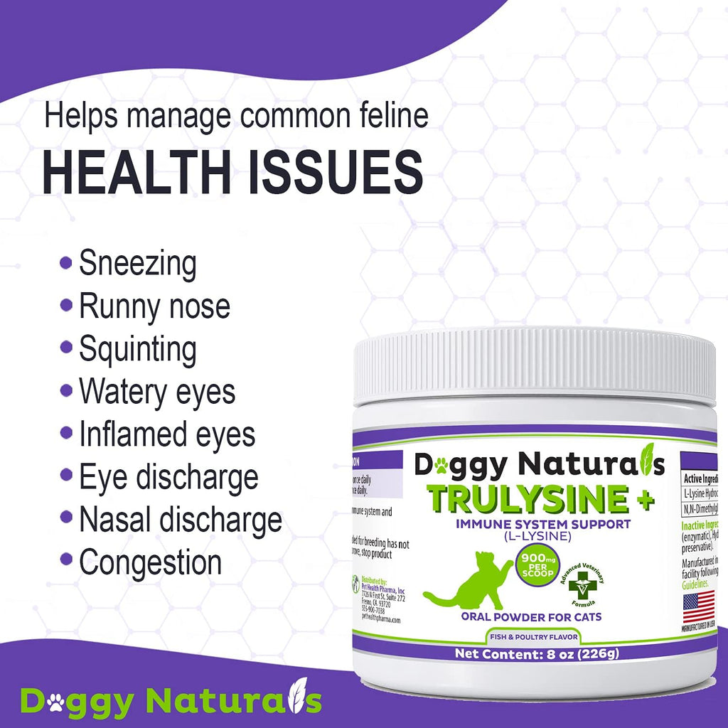 Trulysine Plus L-Lysine for Cats Immune Support Oral Powder 8oz/226g - Cats & Kittens of All Age, Sneezing, Runny Nose Squinting, Watery Eyes-Fish & Poultry Flavor (U.S.A)(225 Grams (900mg / Scoop))