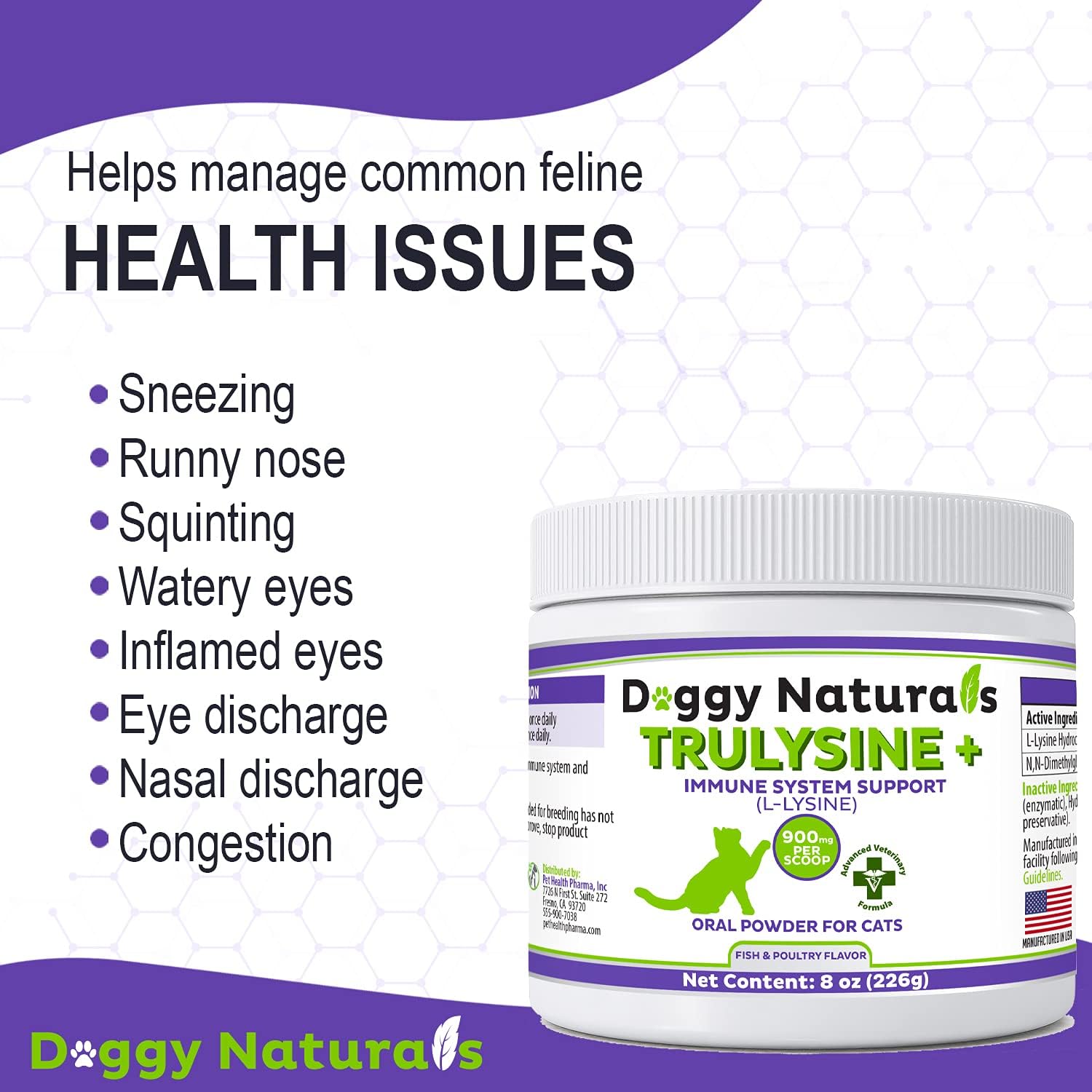 Trulysine Plus L-Lysine for Cats Immune Support Oral Powder 8oz/226g - Cats & Kittens of All Age, Sneezing, Runny Nose Squinting, Watery Eyes-Fish & Poultry Flavor (U.S.A)(225 Grams (900mg / Scoop))
