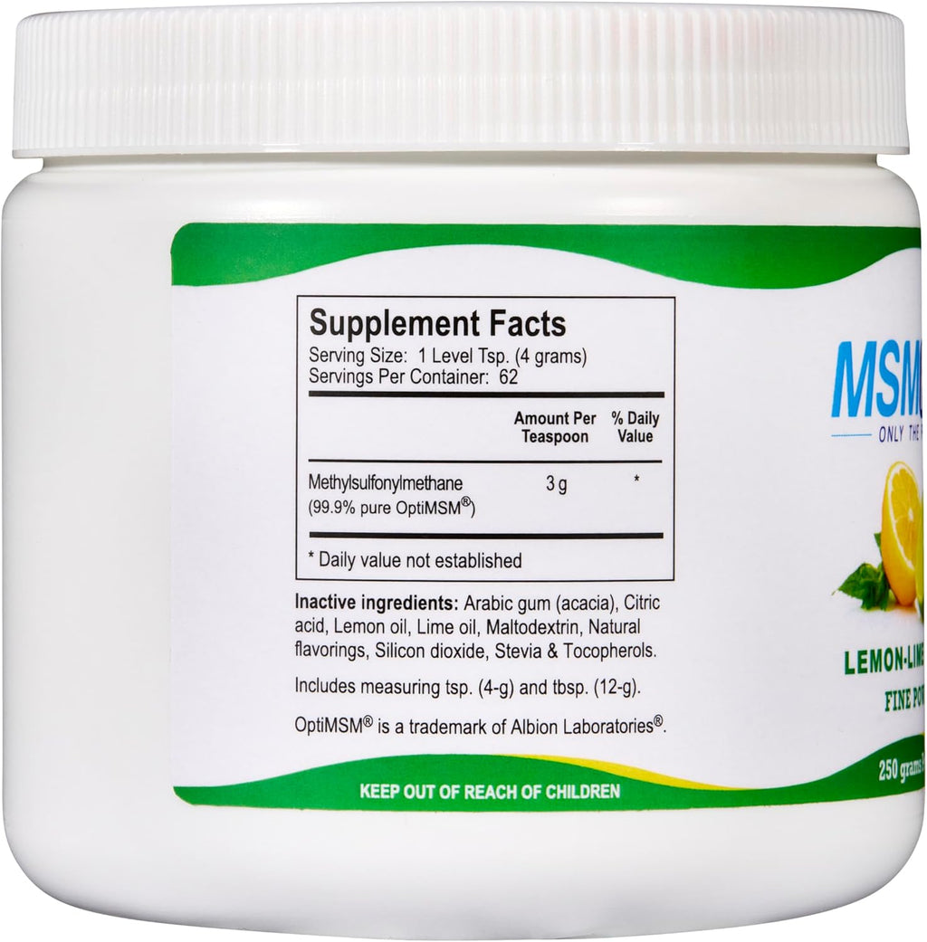 KALA HEALTH MSMPure Fast Dissolving Lemon Lime Flavored Fine MSM Powder Crystals – US-Made MSM for Joint Health, Skin Appearance, and Hair & Nail Support – 8.8 oz, Organic Sulfur