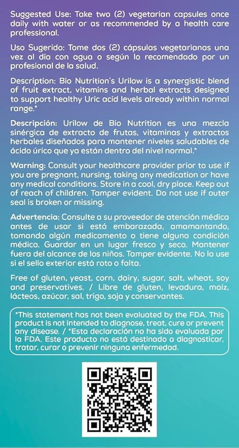 Bio Nutrition Urilow 60 Vegetarian Capsules | Natural Support for Urinary Health | Promotes a Healthy Uric Acid Balance