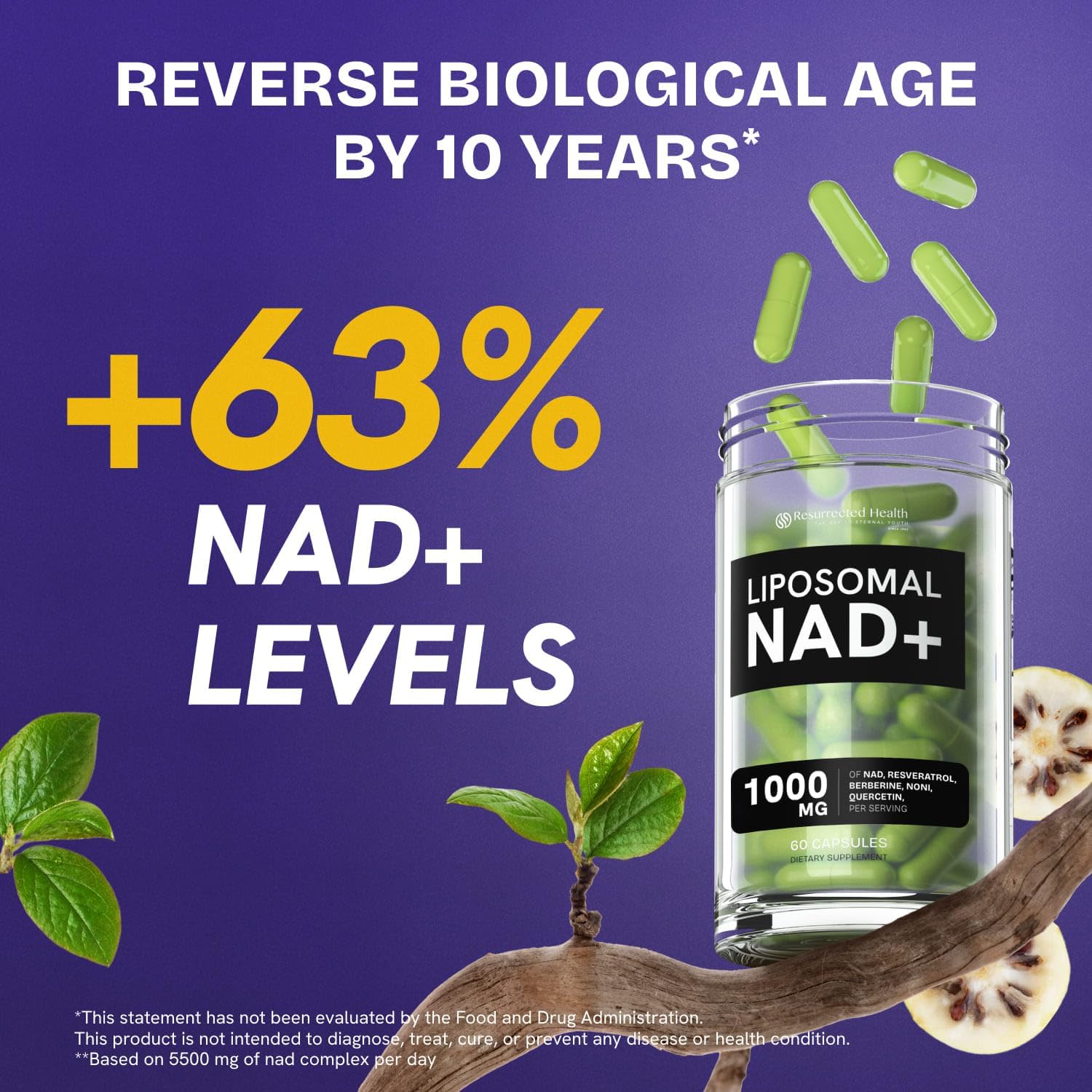 Liposomal NAD Supplements for Women Resveratrol NAD + Supplement w/Berberine, Quercetin, Noni | Boosts NAD Anti-Aging, Brain Support, Gut Heath - 60 Capsules 2 Packs
