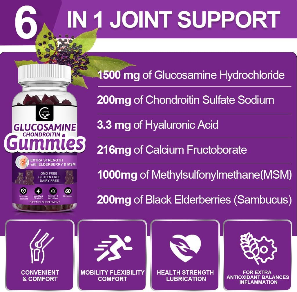 Glucosamine Chondroitin Gummies with MSM & Elderberry – Extra Strength Mobility & Flexibility Support, Antioxidant Immune Supplement for Women & Men